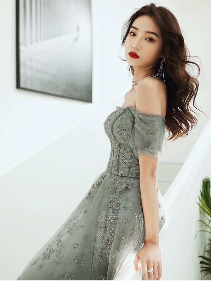 Light Green Off Shoulder Long Formal Dress, Green A-line Prom Dress Light Green Off Shoulder Long Formal Dress, Green A-line Prom Dress