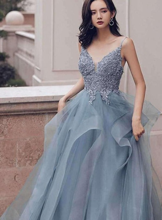 Blue Tulle Deep V-neck Appliqued Multi-Layered Organza Prom Dresses, Long Party Dresses