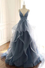 Blue Tulle Deep V-neck Appliqued Multi-Layered Organza Prom Dresses, Long Party Dresses