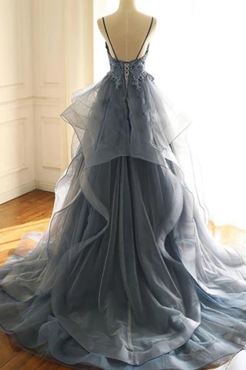 Blue Tulle Deep V-neck Appliqued Multi-Layered Organza Prom Dresses, Long Party Dresses