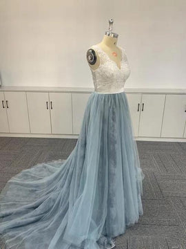 Blue V-neckline Tulle Embroidered Ombre Soft Lace V-neck Prom Dresses, Blue Formal Dresses