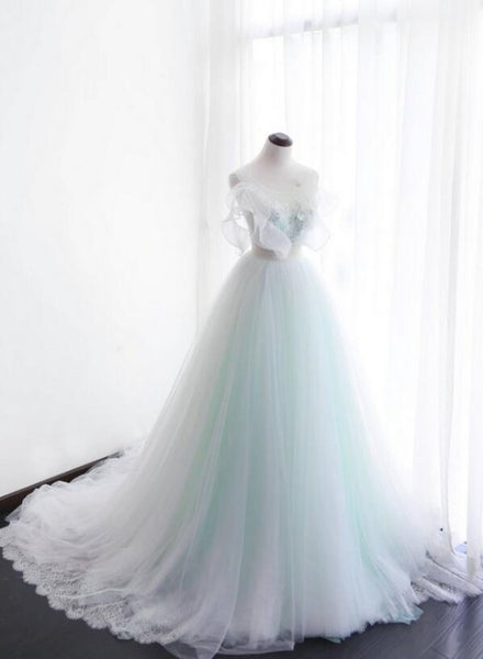 Mint Green and White Glam Tulle with Lace Long Wedding Party Dress, Be Cutedressy Mint Green and White Glam Tulle with Lace Long Wedding Party Dress, Be Cutedressy