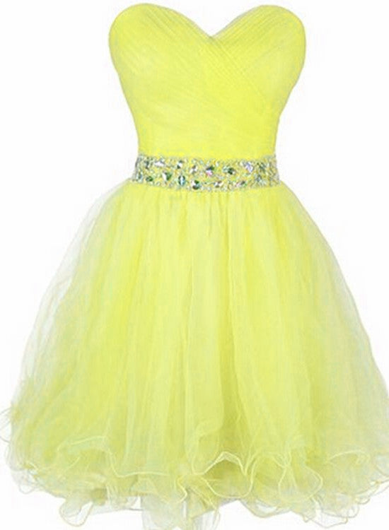 Beautiful Yellow Tulle Sweetheart with Beaded Party Dress, Cute Prom Dresses