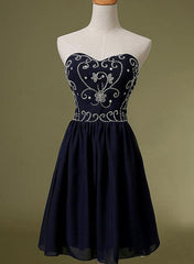 Navy Blue Chiffon Beaded Homecoming Dress, Sweetheart Pretty Party Dress, Formal Dress for Prom