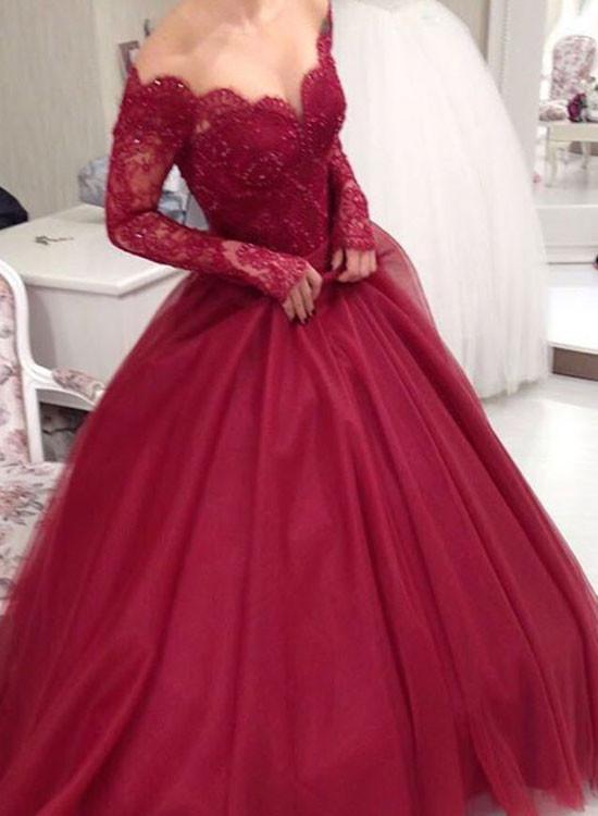 Wine Red Off Shoulder Long Sleeves Party Dress with Applique, Gorgeous Party Gown