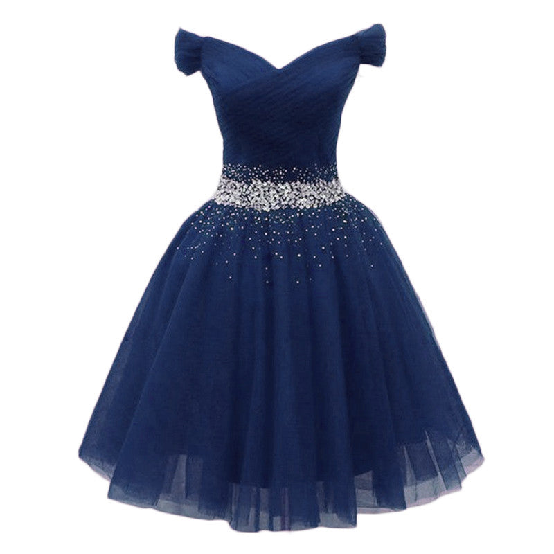 Navy Beaded Sweetheart Off Shoulder Tulle Homecoming Dress, New Style Cutedressy Navy Beaded Sweetheart Off Shoulder Tulle Homecoming Dress, New Style Cutedressy