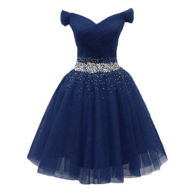Navy Beaded Sweetheart Off Shoulder Tulle Homecoming Dress, New Style Short Prom Dresses