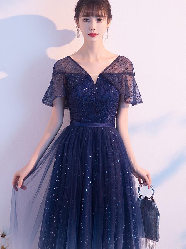 Navy Blue Gradient V-neckline Shiny Tulle A-line Prom Dress Party Dres ...