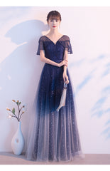 Navy Blue Gradient V-neckline Shiny Tulle A-line Prom Dress Party Dress, Blue Tulle Short Bridesmaid Dress
