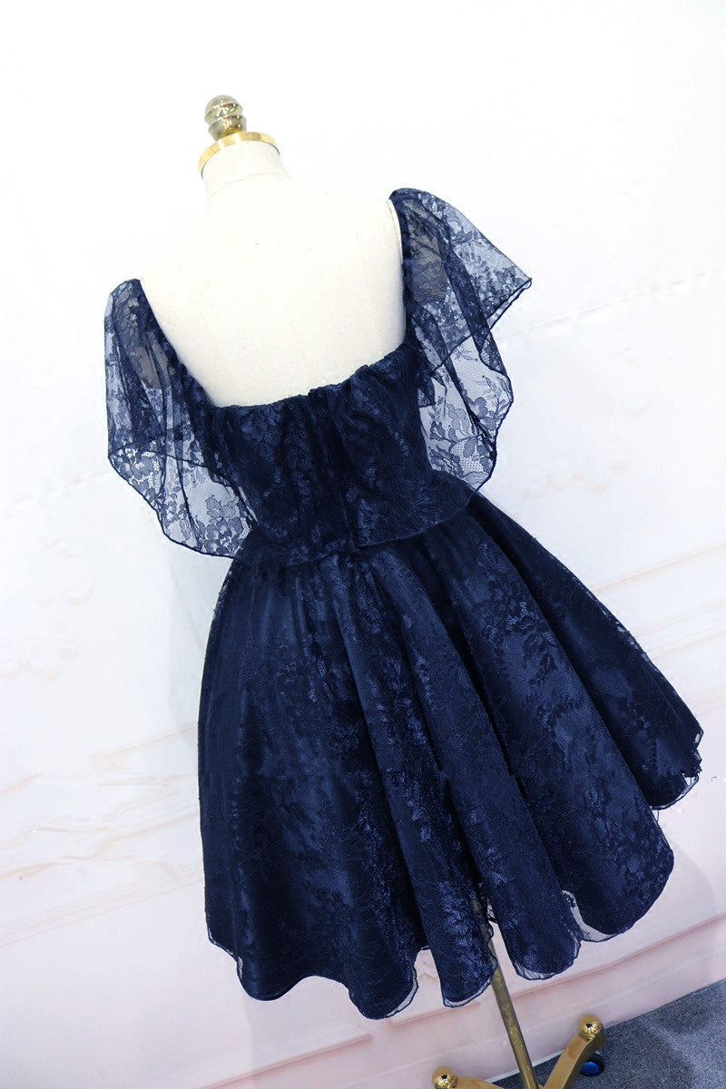 Navy Blue Lace Short Off Shoulder Prom Dress Party Dress, Blue Lace Homecoming Dresses