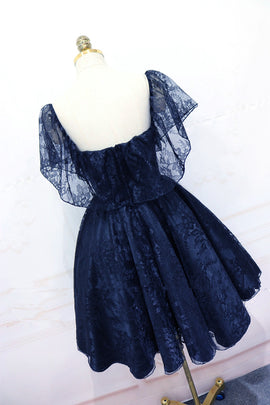 Navy Blue Lace Short Off Shoulder Prom Dress Party Dress, Blue Lace Homecoming Dresses