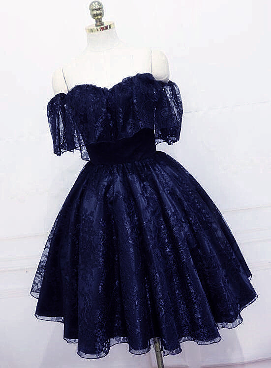 Navy Blue Lace Short Off Shoulder Prom Dress Party Dress, Blue Lace Homecoming Dresses