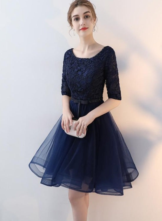 Navy Blue Lace and Tulle Short Sleeves Homecoming Dress Party Dress, Round Neckline Prom Dresses