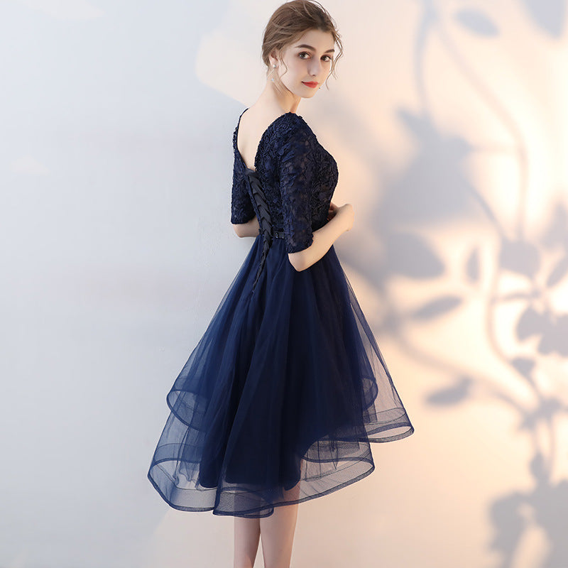 navy blue lace dress short sleeve Navy Blue Short Sleeves High Low Homecoming Dress with Lace, Short Sle