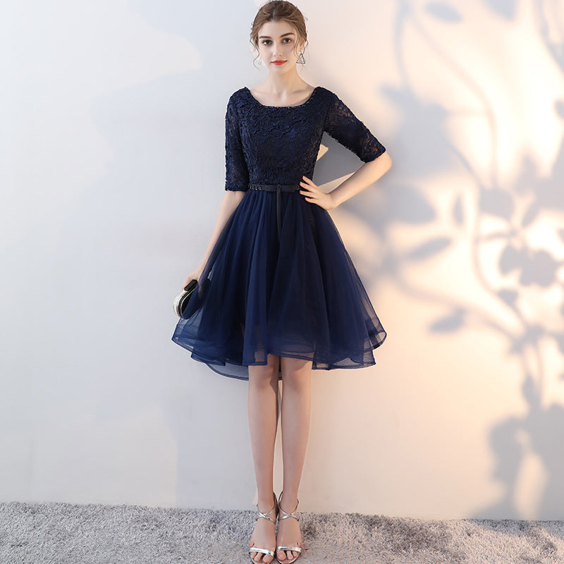Navy Blue Lace and Tulle Short Sleeves Homecoming Dress Party Dress, Round Neckline Prom Dresses
