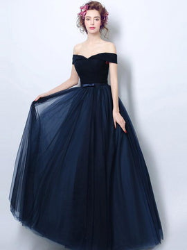 Navy Blue Off Shoulder Sweetheart A-line Bridesmaid Dress, Blue Prom Dress Party Dress