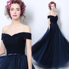 Navy Blue Off Shoulder Sweetheart A-line Bridesmaid Dress, Blue Prom Dress Party Dress