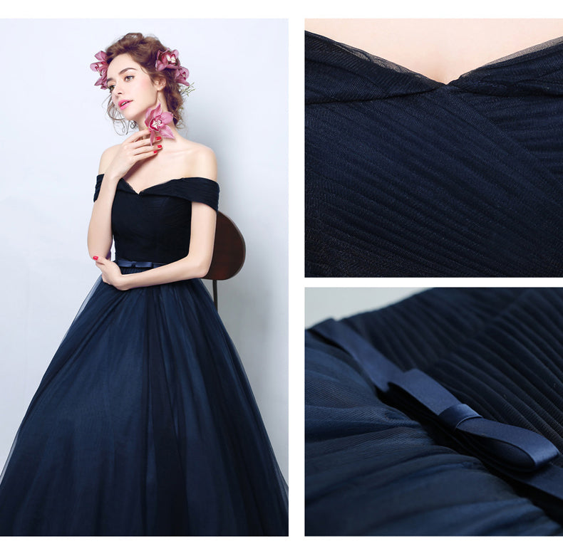 Navy Blue Off Shoulder Sweetheart A-line Bridesmaid Dress, Blue Prom Dress Party Dress