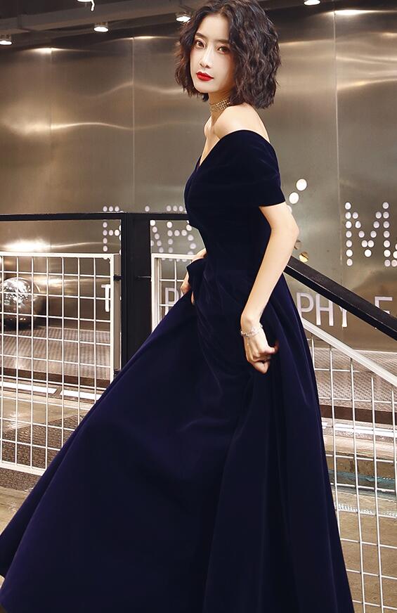 Navy Blue Off Shoulder Velvet Floor Length Party Dresses, Navy Blue Ev