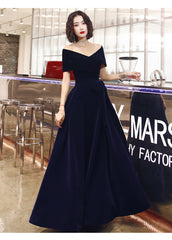 Navy Blue Off Shoulder Velvet Floor Length Party Dresses, Navy Blue Evening Dresses