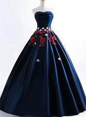Navy Blue Satin Scoop Ball Gown Floor Length Party Dress, Blue Evening Dress