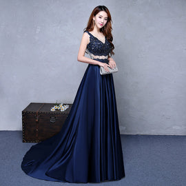 Navy Blue Satin with Lace Beaded Long Junior Prom Dress, Blue Satin Party Dresses