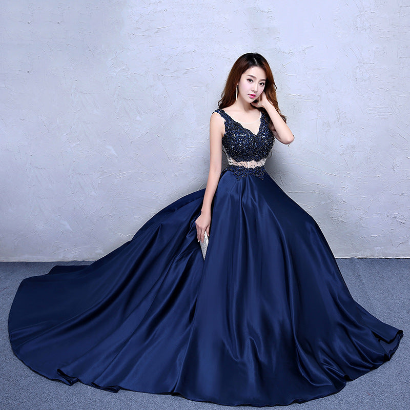 Navy Blue Satin with Lace Beaded Long Junior Prom Dress, Blue Satin Pa Cutedressy Navy Blue Satin with Lace Beaded Long Junior Prom Dress, Blue Satin Pa Cutedressy