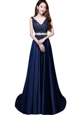 Navy Blue Satin with Lace Beaded Long Junior Prom Dress, Blue Satin Party Dresses