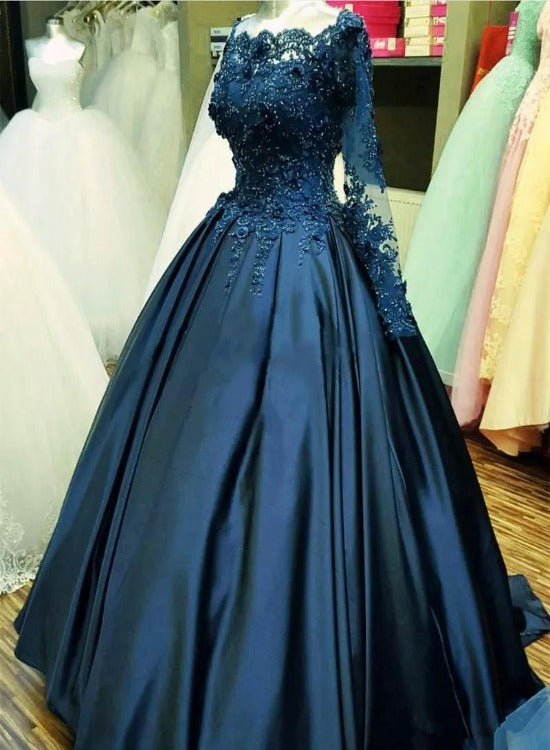 Navy Blue Satin with Lace Top Long Sleeves Sweet 16 Gown, Blue Formal