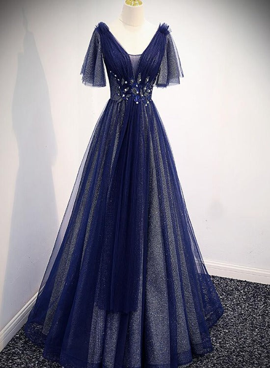 Navy Blue V-neckline Long Tulle Party Dress with Sleeves, Blue Bridesmaid Dresses Party Dress