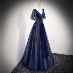 Navy Blue V-neckline Long Tulle Party Dress with Sleeves, Blue Bridesm Cutedressy Navy Blue V-neckline Long Tulle Party Dress with Sleeves, Blue Bridesm Cutedressy