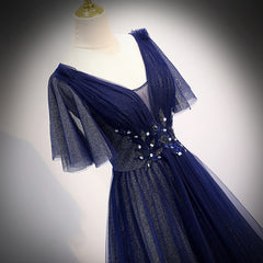 Navy Blue V-neckline Long Tulle Party Dress with Sleeves, Blue Bridesmaid Dresses Party Dress