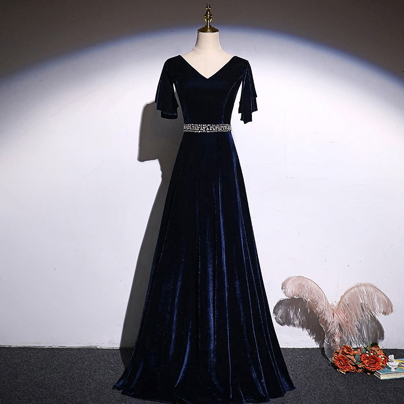 Navy Blue Velvet A-line long Beaded Elegant Party Dress, Simple Velvet Cutedressy Navy Blue Velvet A-line long Beaded Elegant Party Dress, Simple Velvet Cutedressy