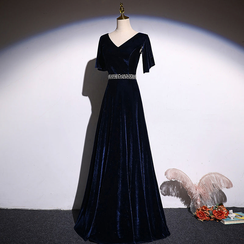 Navy Blue Velvet A-line long Beaded Elegant Party Dress, Simple Velvet Cutedressy Navy Blue Velvet A-line long Beaded Elegant Party Dress, Simple Velvet Cutedressy