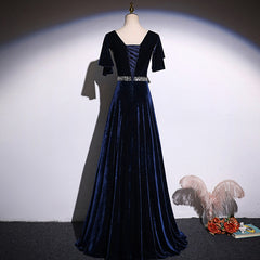 Navy Blue Velvet A-line long Beaded Elegant Party Dress, Simple Velvet Formal Dresses