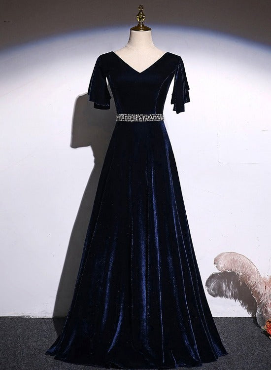 Navy Blue Velvet A-line long Beaded Elegant Party Dress, Simple Velvet Formal Dresses