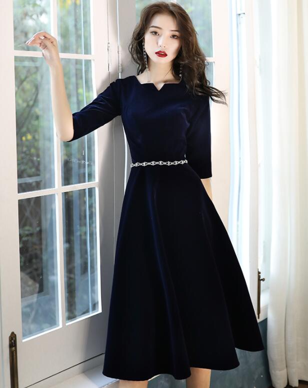 Navy Blue Velvet Knee Length Simple Bridesmaid Dresses, Short Blue Velvet Prom Dresses with Beadings