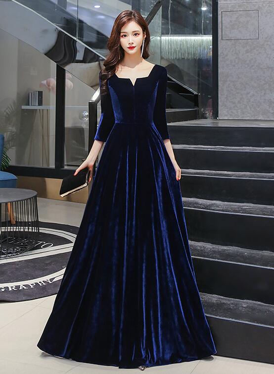 Navy Blue Velvet Long A-line Simple Style Bridesmaid Dresses, Elegant Party Dress Prom Dress