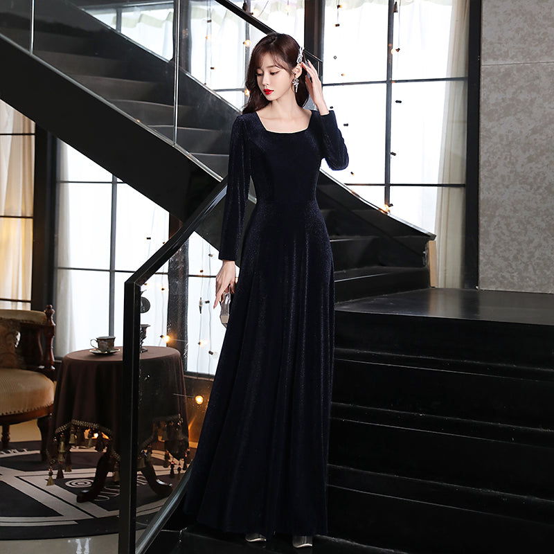 Navy Blue Long Floor Length Velvet Bridesmaid Dresses, Blue Evening Dr