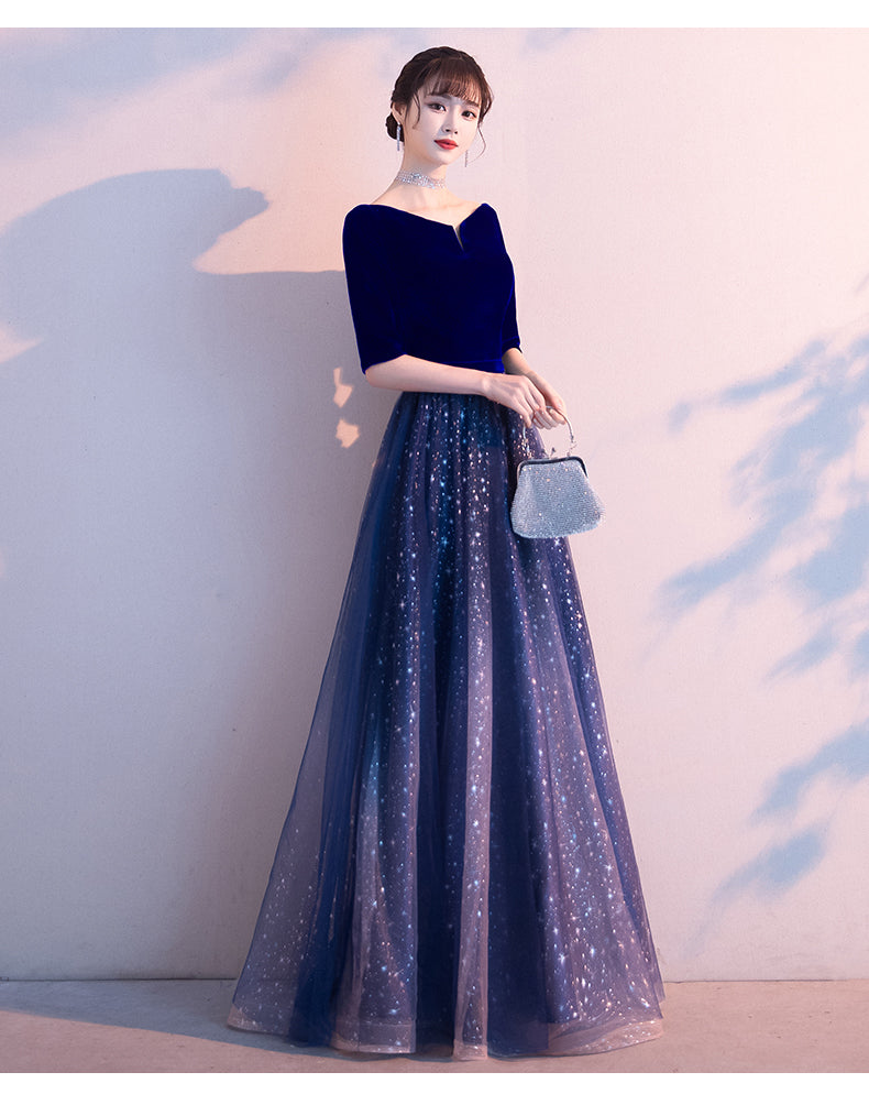 Navy Blue Velvet Short Sleeves with Shiny Tulle Long Party Dress, Blue Bridesmaid Dress Prom Dress