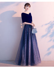 Navy Blue Velvet Short Sleeves with Shiny Tulle Long Party Dress, Blue Bridesmaid Dress Prom Dress