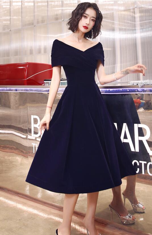 Navy Blue Velvet Tea Length V-neckline Party Dress, Navy Blue Bridesma