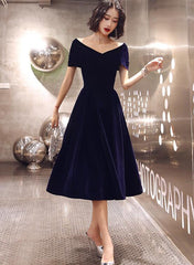 Navy Blue Velvet Tea Length V-neckline Party Dress, Navy Blue Bridesmaid Dress Party Dress