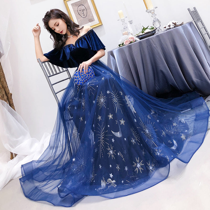 Navy Blue Velvet and Tulle Floor Length Evening Dress Party Dress, Blue Junior Prom Dresses Navy Blue Velvet and Tulle Floor Length Evening Dress Party Dress, Blue Junior Prom Dresses