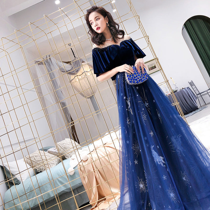 Navy Blue Velvet and Tulle Floor Length Evening Dress Party Dress, Blue Junior Prom Dresses