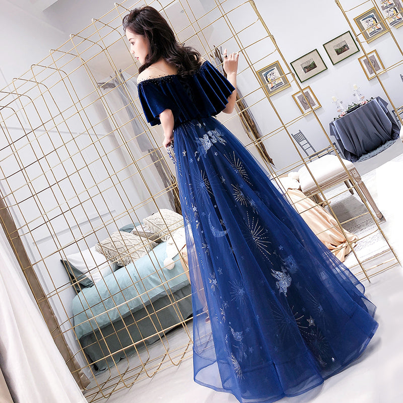 Navy Blue Velvet and Tulle Floor Length Evening Dress Party Dress, Blu – Cutedressy Navy Blue Velvet and Tulle Floor Length Evening Dress Party Dress, Blu – Cutedressy