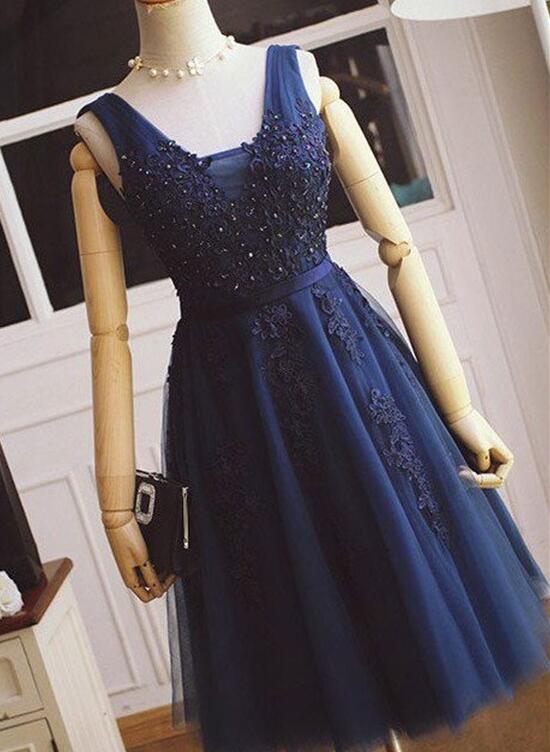 Navy Blue Homecoming Dresses, Applique Short Prom Dress, Knee Length Party Dress