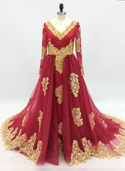 Gorgeous Burugndy Long Sleeves Formal Gown with Gold Lace, Sweet 16 Dresses