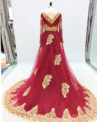 Gorgeous Burugndy Long Sleeves Formal Gown with Gold Lace, Sweet 16 Dresses
