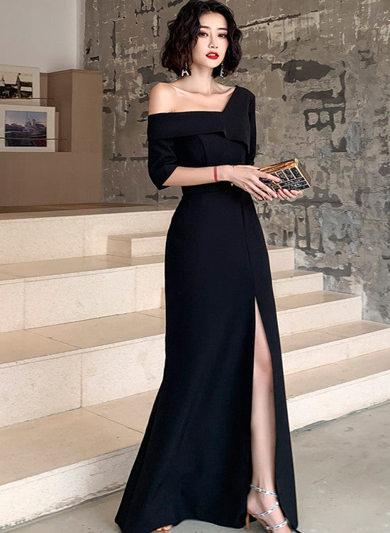 Black One Shoulder Slit Long Evening Dress, Black Formal Dress Prom Dress
